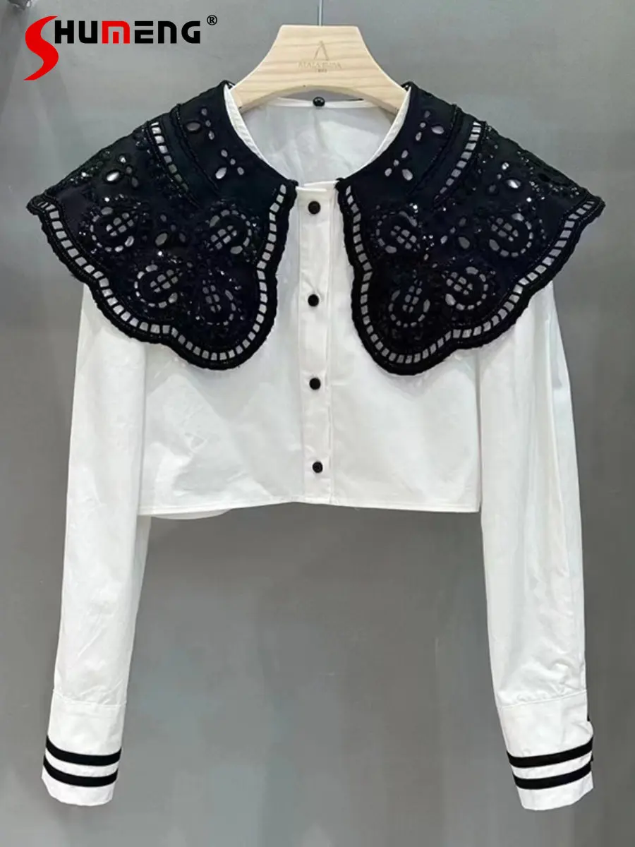 

2023 Early Spring New Korean Style Trendy Detachable Design Blouses Top Women Fashion Sweet Embroidered Doll Collar Short Shirt