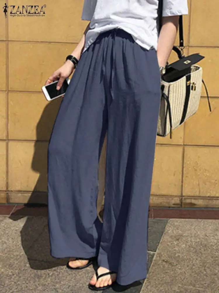 

Autumn Women Wide Leg Pants ZANZEA Stylish High Waist Streetwear Female Cotton Pantalon Solid Casual Loose Long Trousers 2022