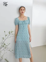 fsle office lady french floral a line dress summer 2021 new style square neck blue yellow long skirt women sweet style