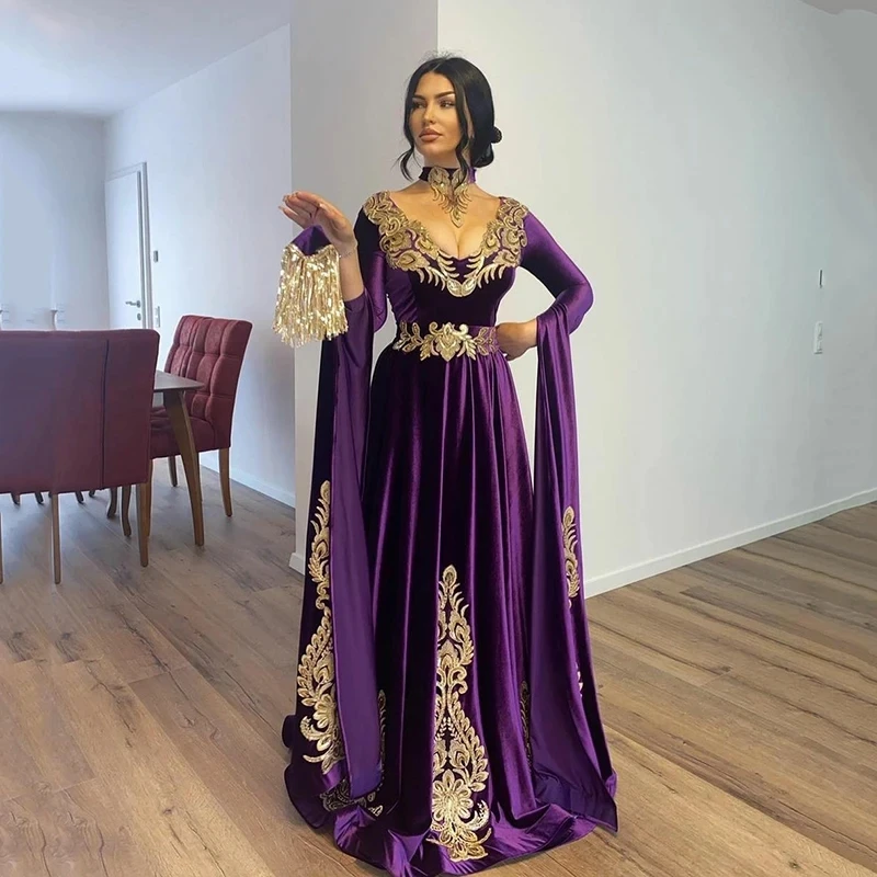 

Purple Moroccan Caftan Formal Evening Dresses A-line 3/4 Sleeves Appliques Prom Dresses Arabic Party Dresses