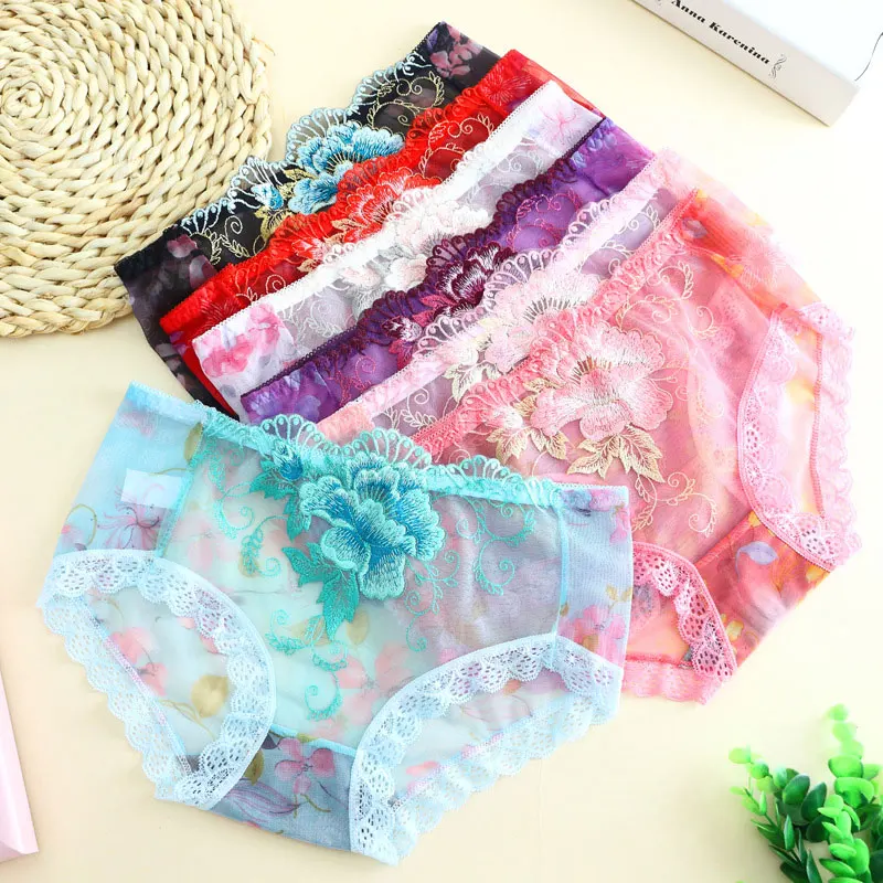 

Sexy Lace See-through Briefs Womens Floral Erotic Panties Embroidery Seamless Transparent Underwear Ladies Perspective Pantys