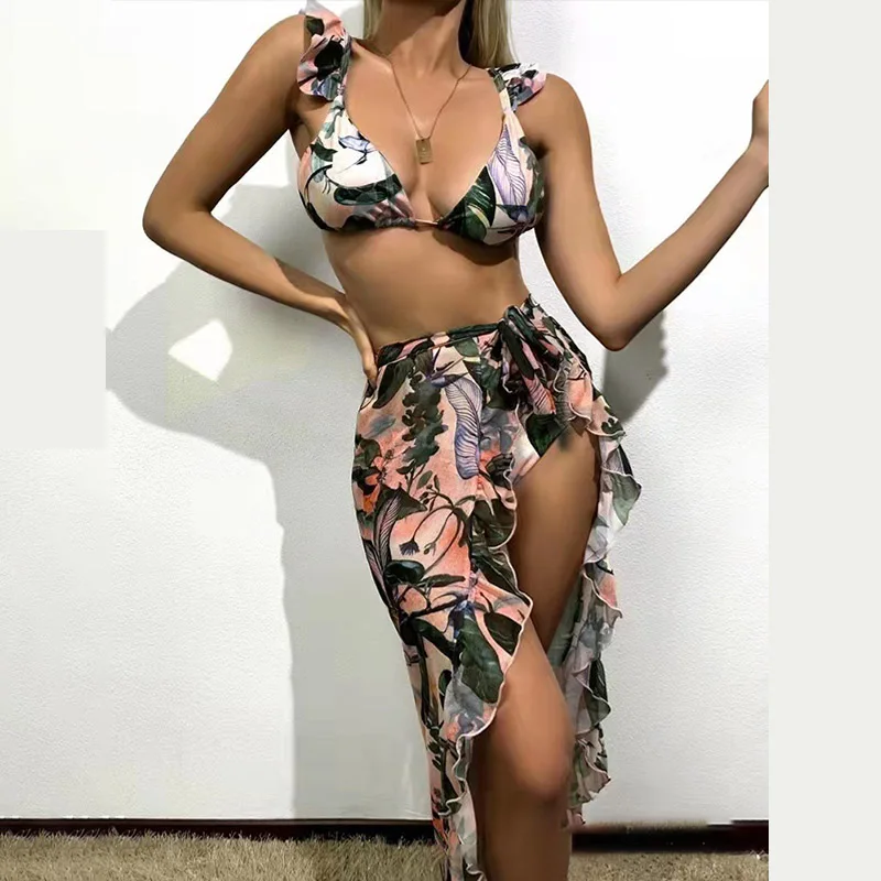 

2023 Three Pieces Set Swimsuit Mesh Print Women Swimwear Cover Up Halter Micro Bikini Sexy Bathing Suit Mujer Beach Long Dress