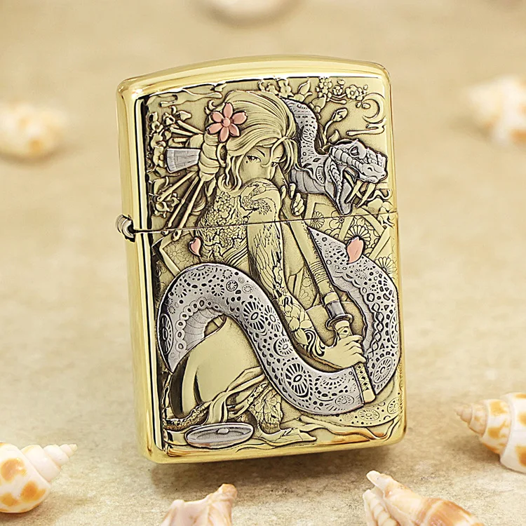 

Genuine Zippo Ghost King Geisha oil lighter copper windproof cigarette Kerosene lighters Gift with anti-counterfeiting code