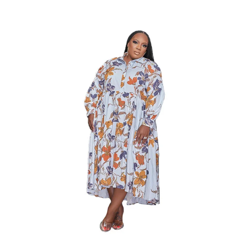 Plus Size Oversize Fashion Printing Women Long-sleeved Shirt Dress Elegant Clothing Turn Down Neck Buttons Ho 3xl 4xl 5xl 6xl