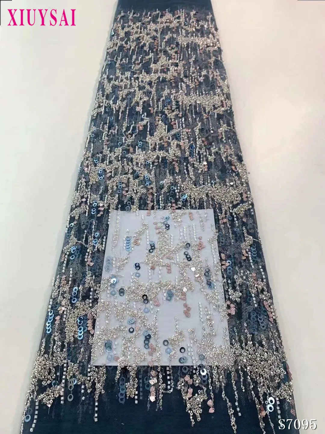 

2023 Luxury African Lace Fabric Beaded Sequins Embroidery Green Party Dresses For Women Tulle Mesh Fabrics Sewing 5 Yards