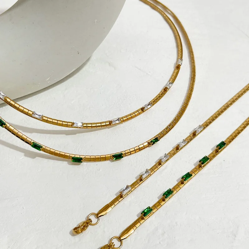 

Minar Delicate Bling CZ Zircon Herringbone Necklace for Women 18K Gold Plated Stainless Steel Snake Chains Necklaces Pendientes