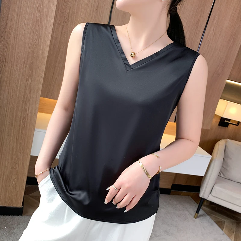 Майка женская с V-образным вырезом Элегантная модная базовая белая атласная