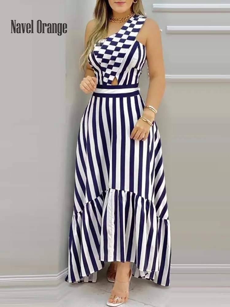 New Dresses For Women Party Printed Hollow Out Skew Collar Sexy Sleeveless Ladies Dress One Off Shoulder Streetwear Dropshipping |