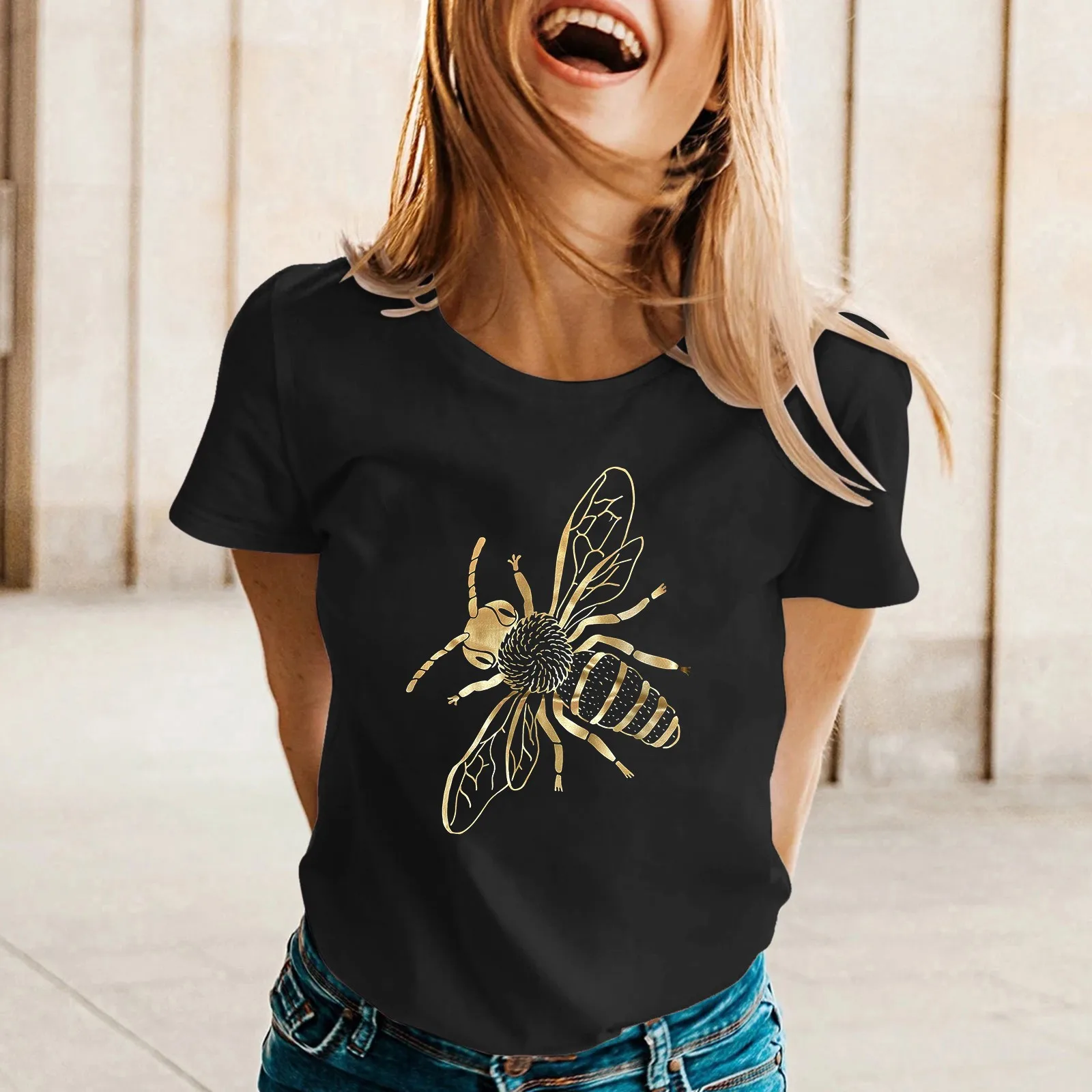 

Женская футболка с круглым вырезом футболка с коротким рукавом и принтом пчелы на весну и лето, Женская Полосатая Футболка-реглан