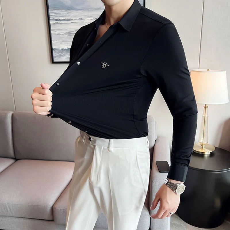 High Elasticity Striped Shirts Men Autumn Long Sleeve Slim Casual Shirt Breathable Social Party Tuxedo Blouse Camisa Masculina