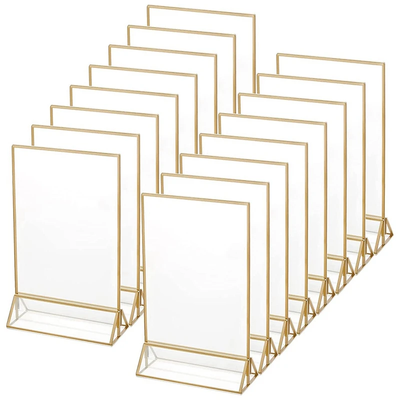 18 Pcs Gold Sign Holder 4X6 Inch Acrylic Double-Sided Desktop Display Stand Wedding Table Digital Stand Table Sign Rack