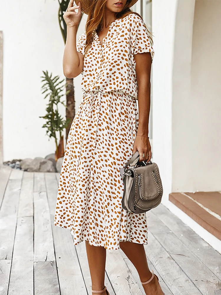 

Dots Print White Summer Dress Women 2022 New Short Sleeve Tunic Vintage Midi Dress Casual Holiday Boho Beach Dress Vestidos
