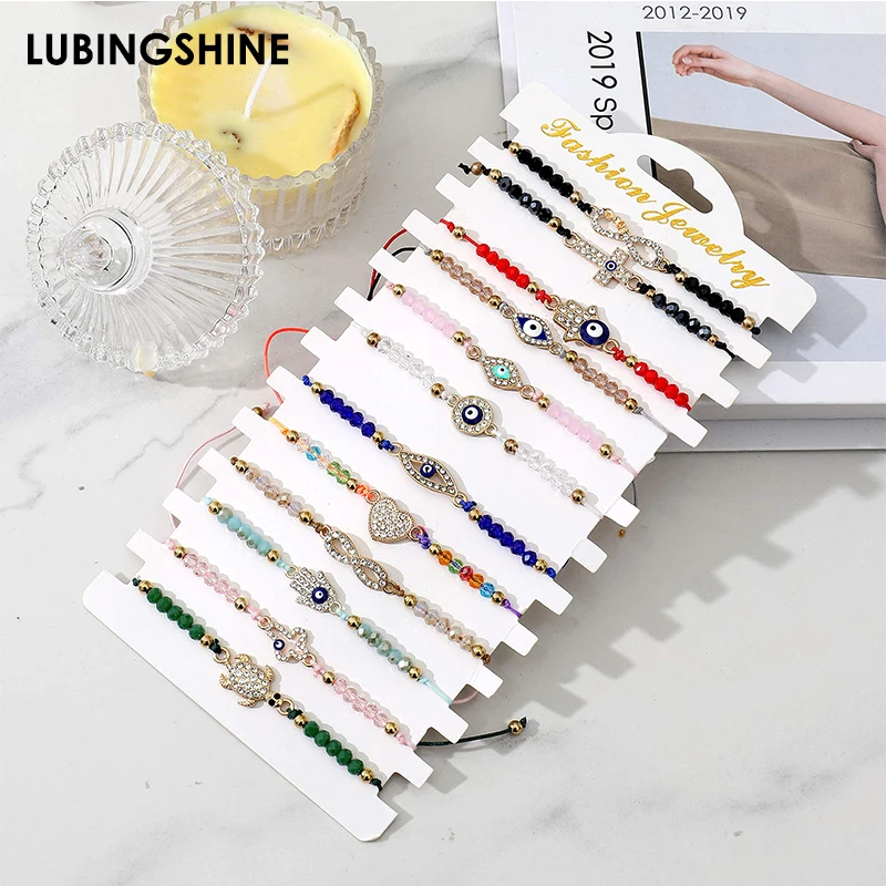 

12 Pcs/Lot Charms Colorful Beaded Turkish Evil Eye Alloy Rhinestone Bracelets Women Men Adjustable Braided Rope Bangles Jewelry