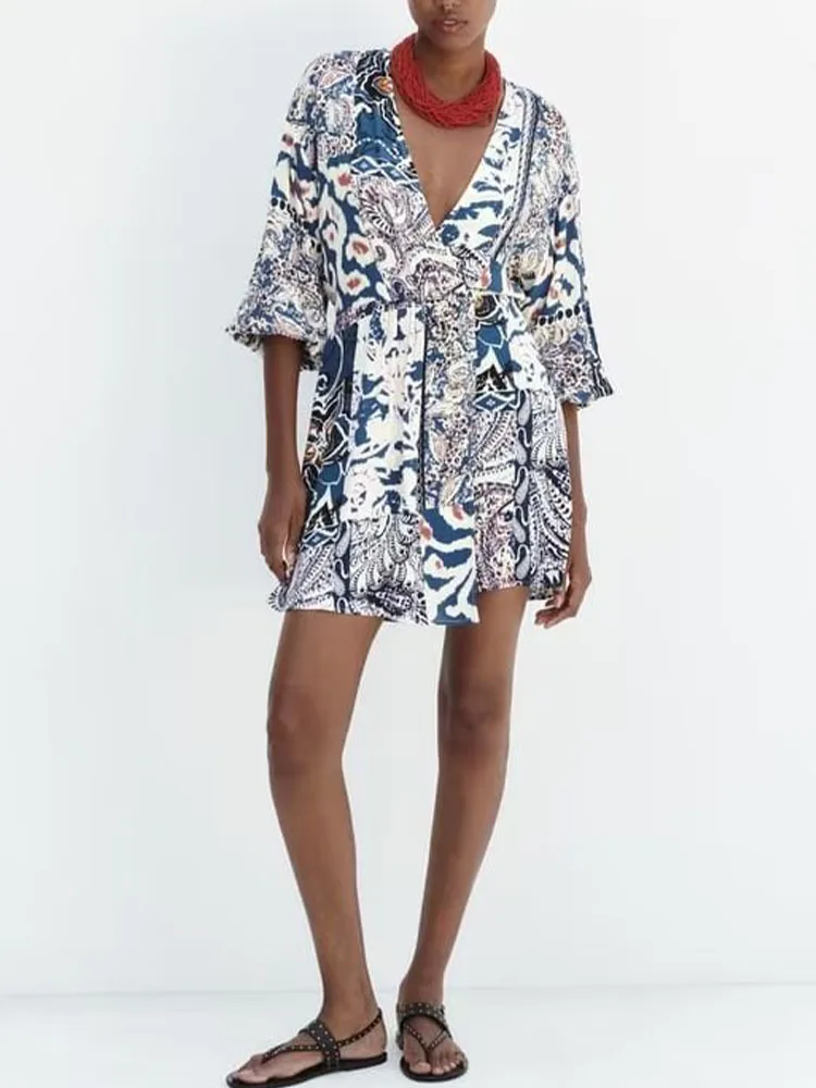 

Женский комбинезон с длинным рукавом, удобный комбинезон с V-образным вырезом и принтом, с поясом на резинке, лето 2023