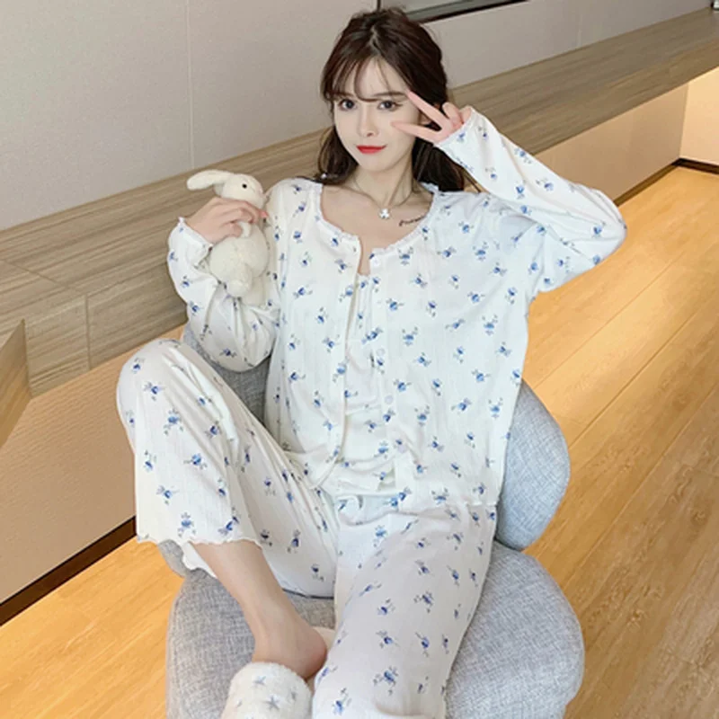 Women Pajamas Three Piece Set Chest Pads Chic Sleepwear Sweet Nightgown Camisole Cardigan Trousers Spring Summer Suit