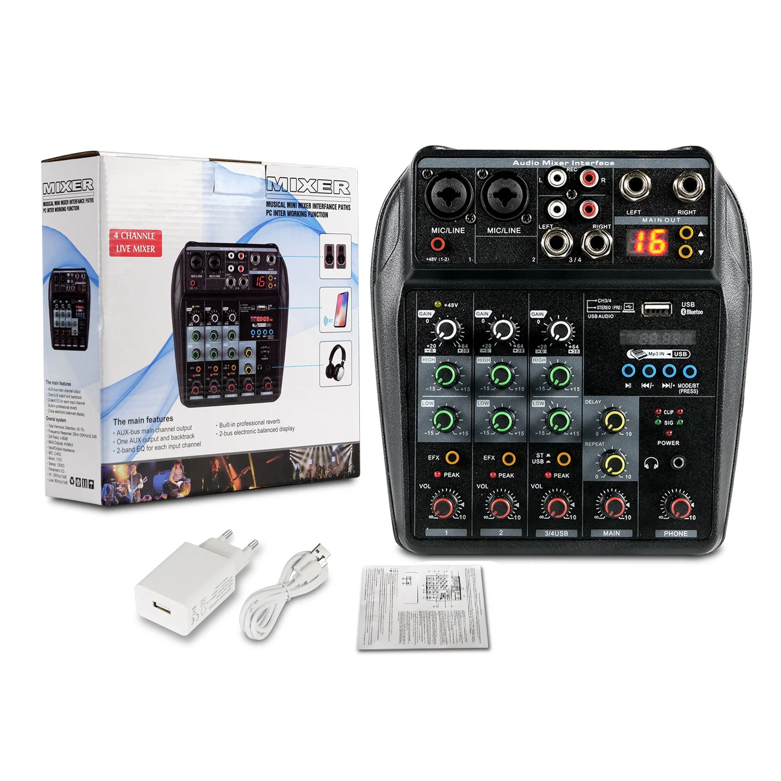 4 Channel Bluetooth Mini Audio Mixer Sound Card Audio DJ 16 Digital Effects Noise Reduction Console USB Recording For Singing