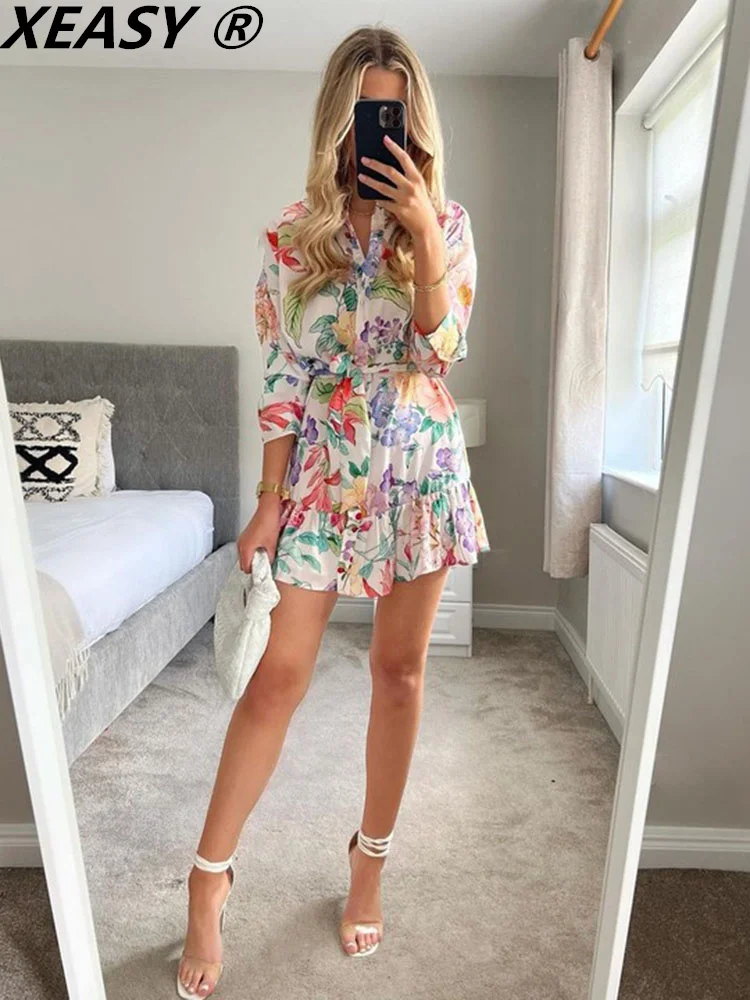 

XEASY Casual Dresses For Women 2022 Summer Print Floral Dress Shirt Women's Clothing Mini Dress Vintage Long Sleeve