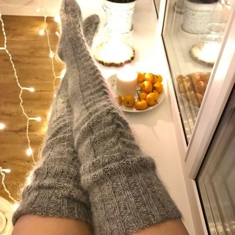 Fashion home knitted socks over the knee long tube solid color plush stockings long warm sexy pile sock black foot warmer winter