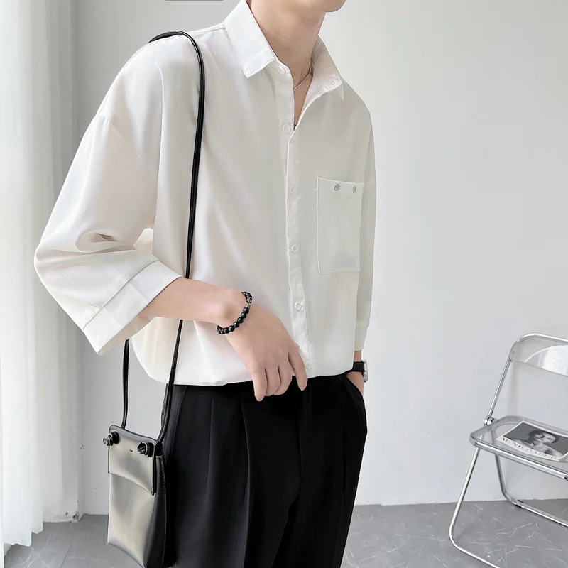 Summer Black/White Short Sleeve Shirt Men Fashion Society Mens Dress Shirt Loose Casual Shirt Mens Three-quarter Sleeve Shirt