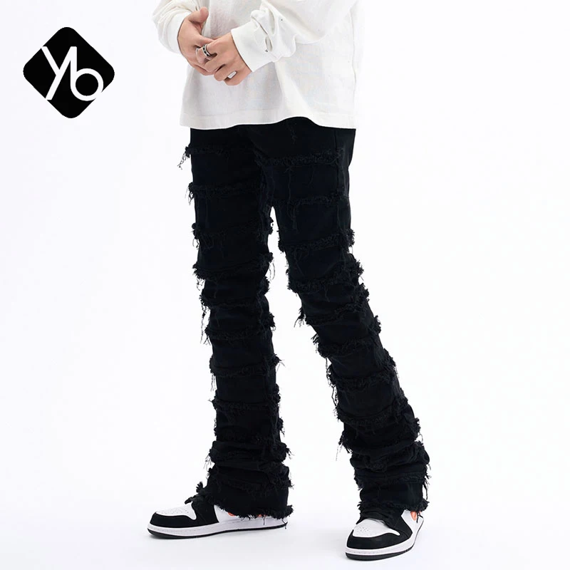 

Уличная одежда в стиле Харадзюку в стиле хип-хоп, полосатые потертые прямые мешковатые джинсы с бахромой, брюки для мужчин и женщин, однотон...