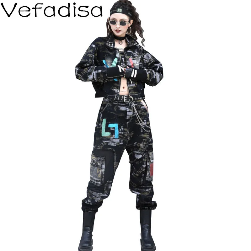

Vefadisa Fashion Short Camouflage Cowboy Jacket 2023 Spring Autumn Street The New Splicing Zipper Harem Pants Suit Woman LHX265
