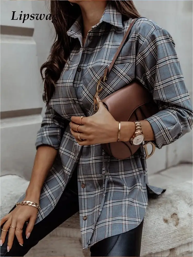

Retro Plaid Print Office Ladies Shirts Spring Single Breasted Button Irregular Blouses Women Elegant Lace-up Autumn Pullover