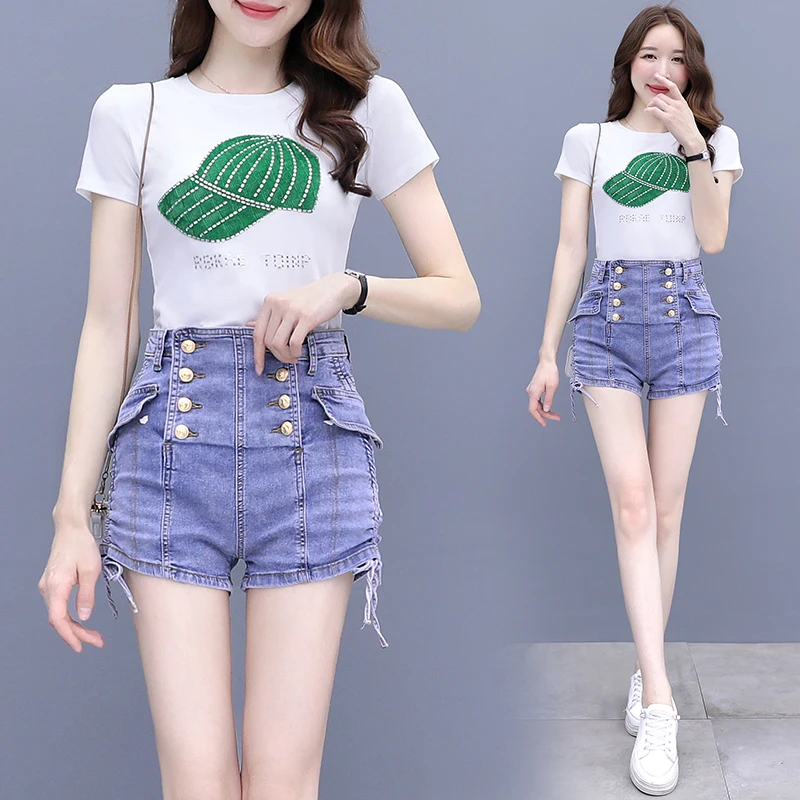 

2022 Summer Women's Cotton Hat Hot Drill T-shirt + High Waist Denim Shorts Suit Women Drawstring Jeans Female Tops Short Pants
