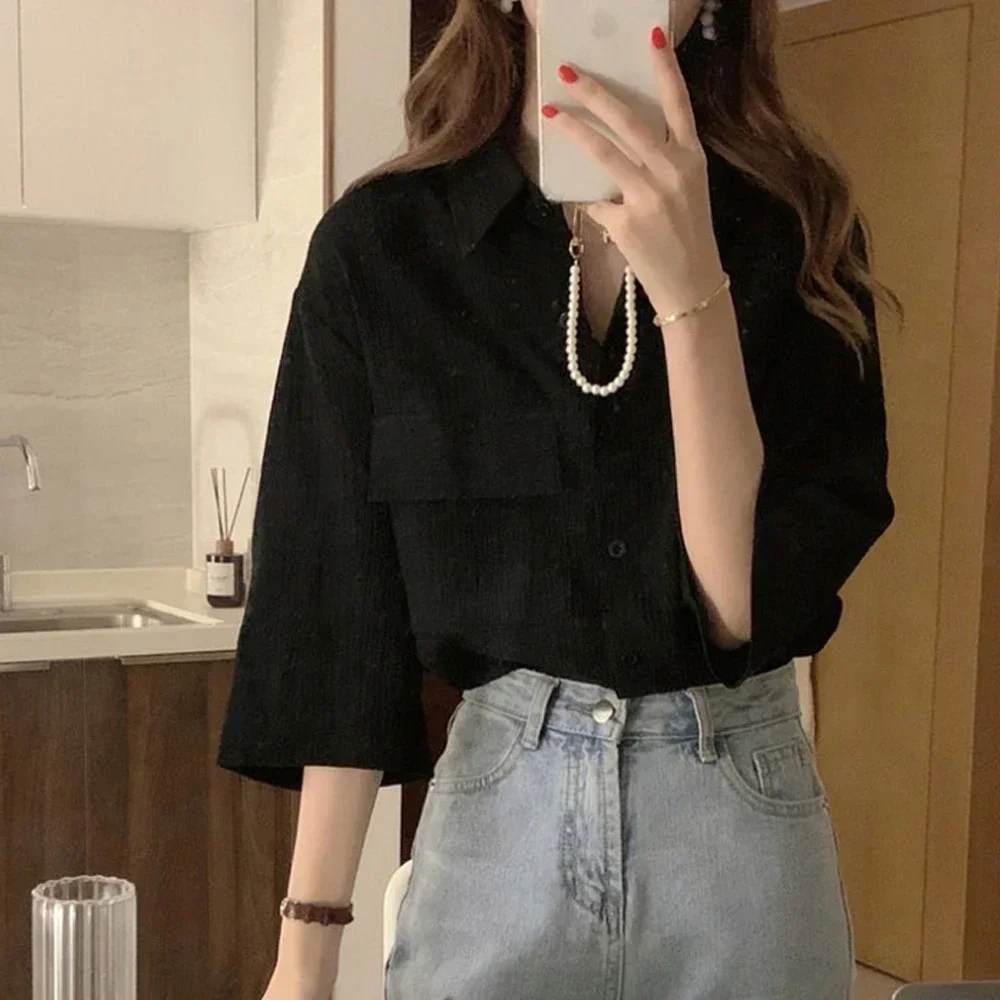 Корейская Свободная блузка с одним карманом летняя однобортная во французском