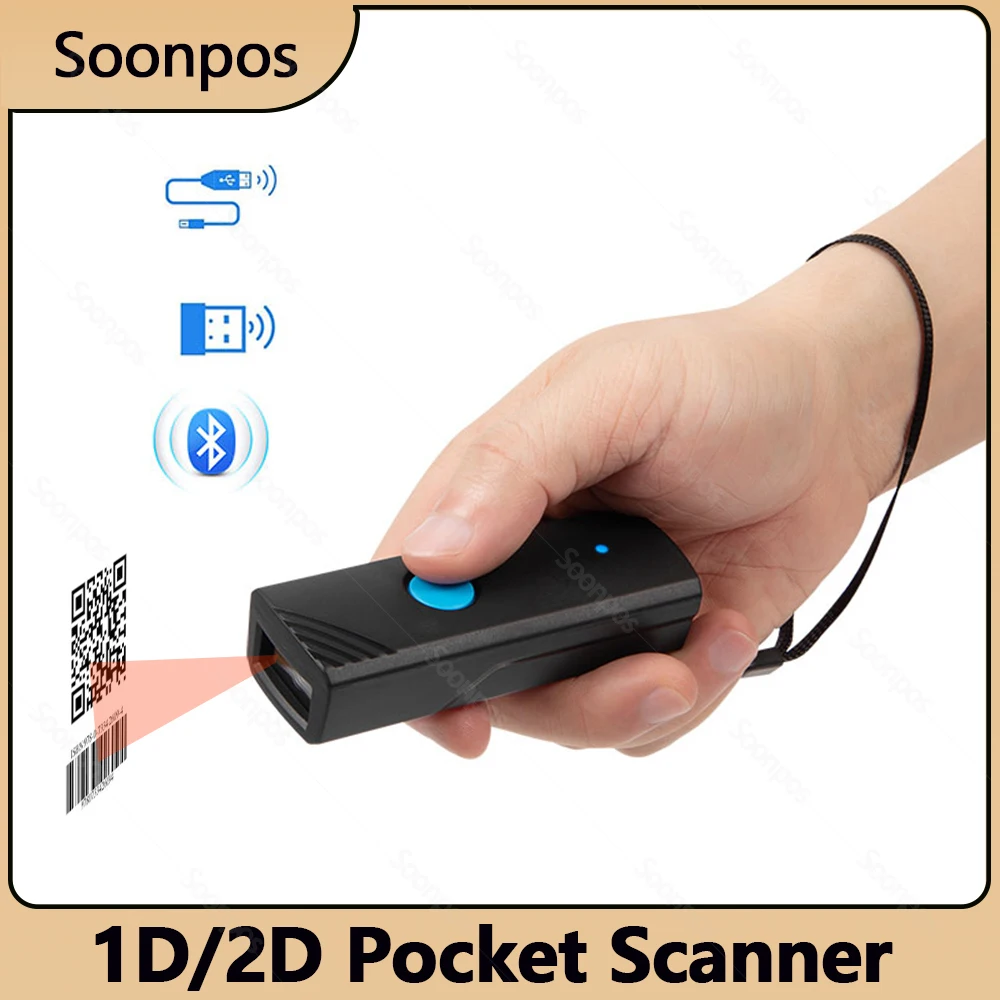 

Soonpos Bluetooth 2.4G Wireless USB Pocket Barcode Scanner 1D 2D QR code Reader Supermarket Logistics Express Auto-Sensing Scan
