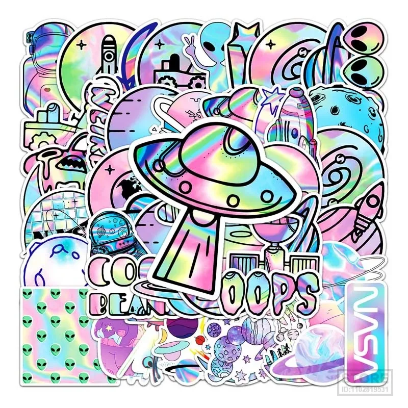 

50 шт. голографические лазерные наклейки с инопланетянином космосом, Мультяшные наклейки «сделай сам» для ноутбука, багажа, скейтборда, телефона, крутые наклейки для детской игрушки