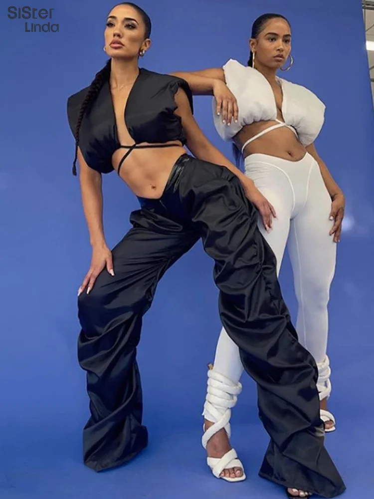 

Sisterlinda Fashion Y2K Women 2Piece Set Sexy Unique Bandage Tank Top+Patchwork Elastic Pants Casual Matching Outfits Streetwear