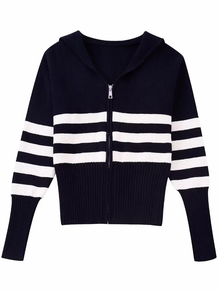 

MESTTRAF Women Fashion Front Zipper Striped Knit Cardigan Sweater Vintage Lapel Collar Long Sleeve Female Outerwear Streetwear