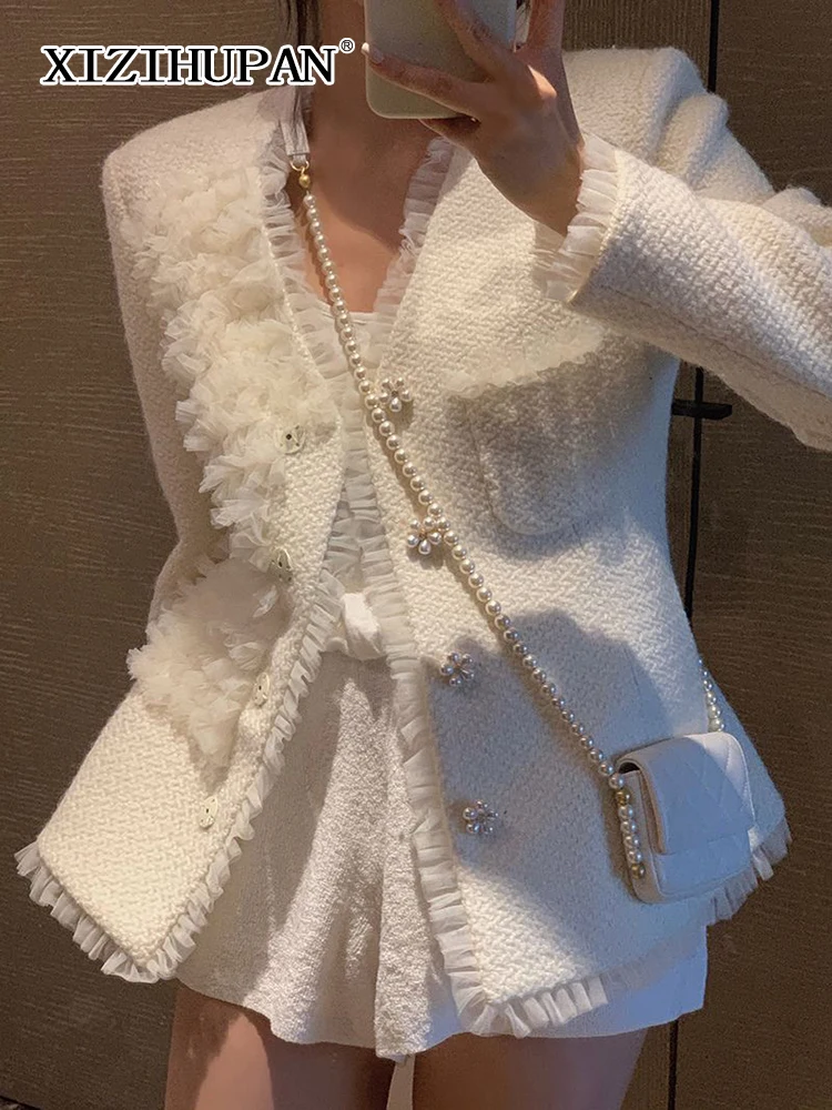 

XIZIHUPAN Vintage Patchwork Mesh White Coats For Women V Neck Long Sleeve Single Breasted Elegant Coat Female Fashion Clothing