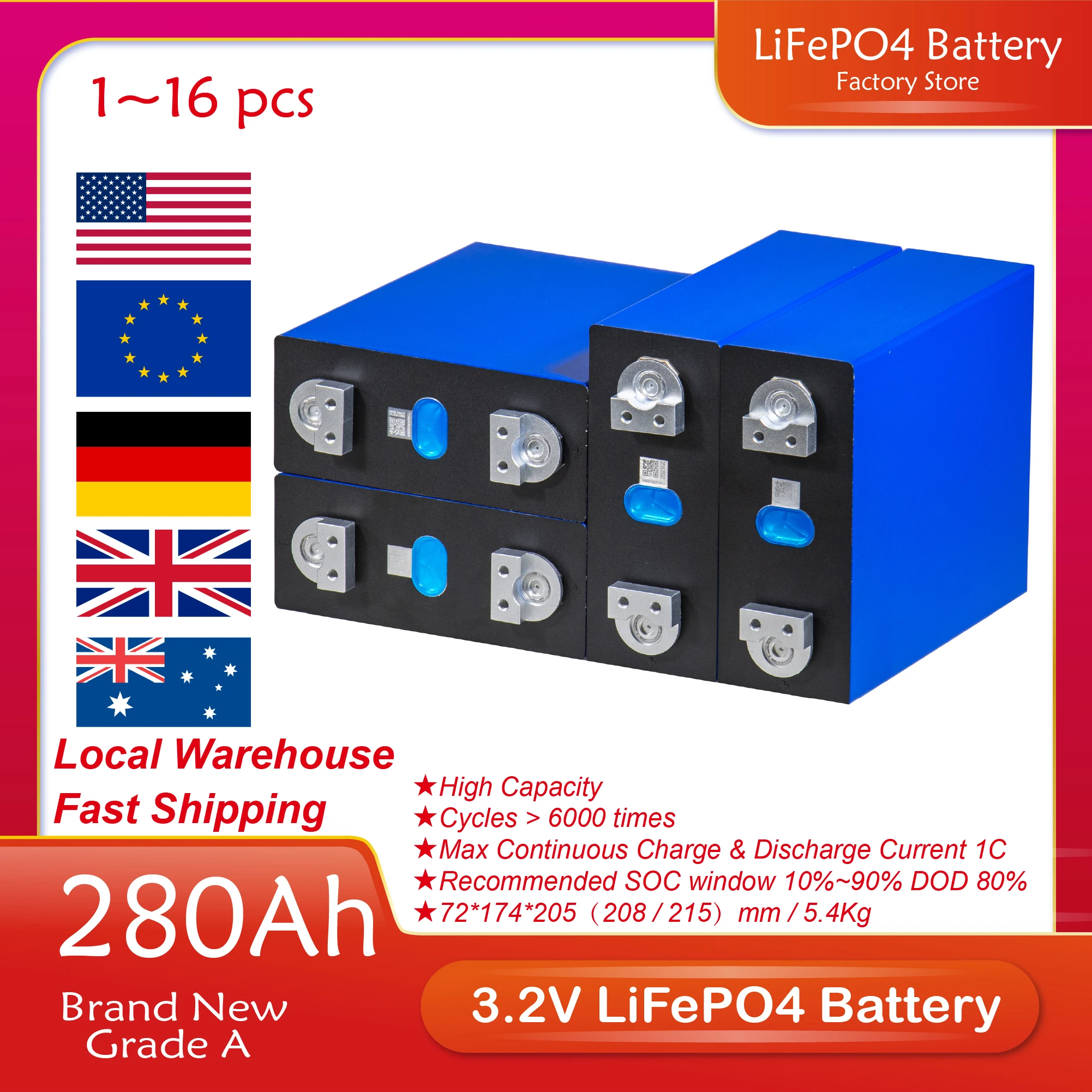 

3,2 В Ач 4/8 шт. призматический аккумулятор LF280K класс A новый с шиной DIY 48 в 24 в 12 В батарейный блок для RV EV EU Stock