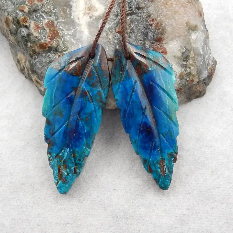 

Semiprecious Natural Stone Chrysocolla Handmade Leaf Luxury Earrings Accessories For Women 37x15x5mm 10g