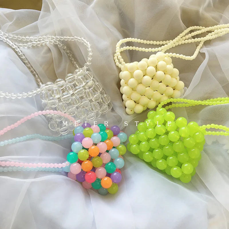 

Summer Ins Handmade Pearl Mini Lipstick Bag Woven String Beading Candy Jelly Rainbow Chain Wallet Mini Girl Cute Braided Handbag