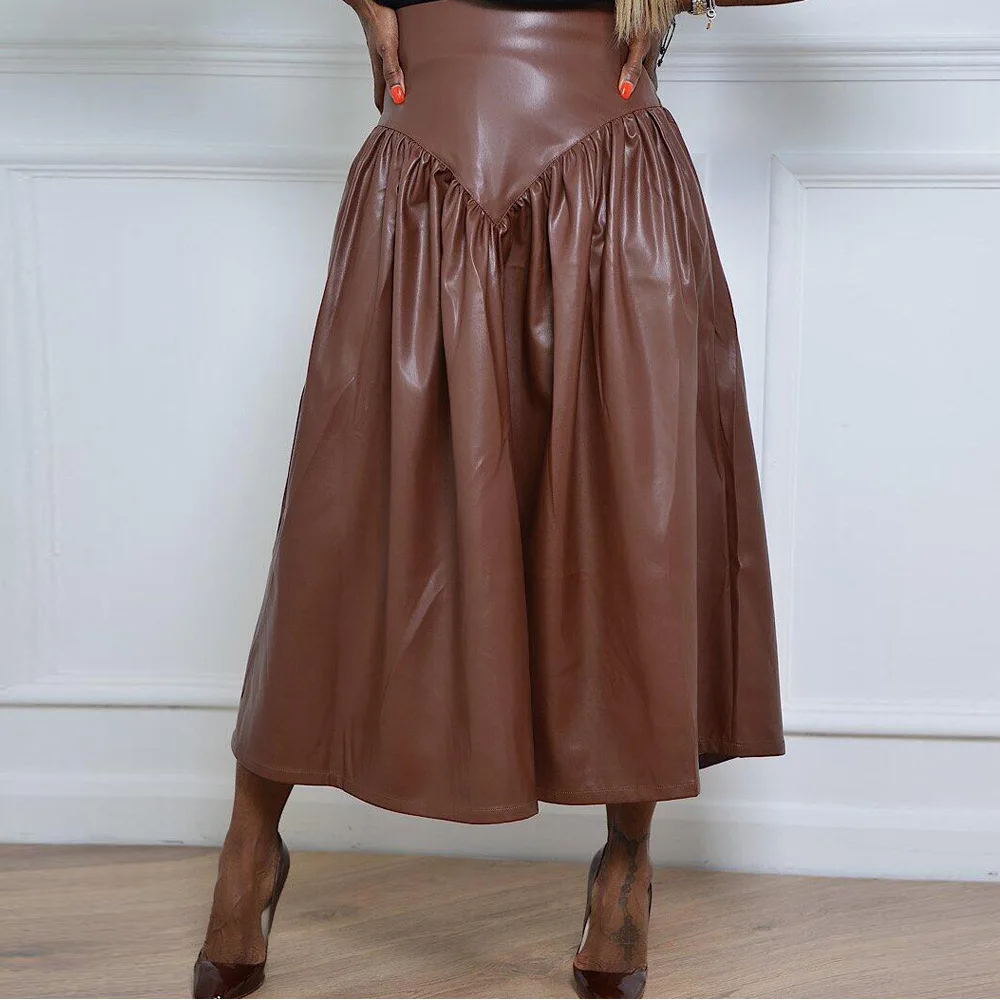 

Women's Skirt PU Leather Coffee 2022 New Spring Solid Color High Waist Sexy Slim Fashion High Street African Female Skirts