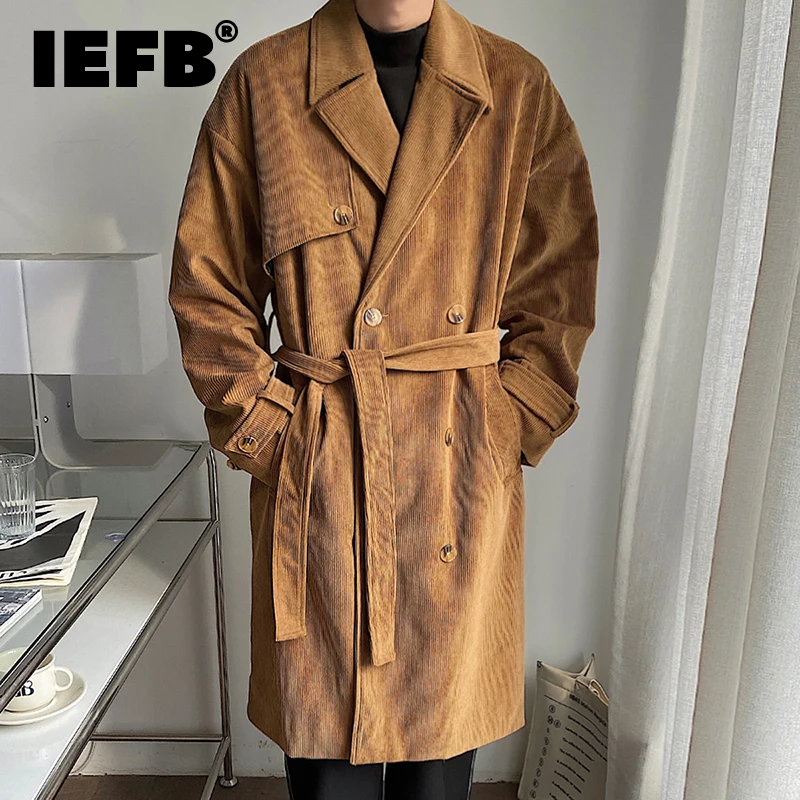 

IEFB Men Long Coat Trend Corduroy Medium Length Trench Loose Oversize Overcoat Korean Style Casual Knee High Windbreakers 9C1783