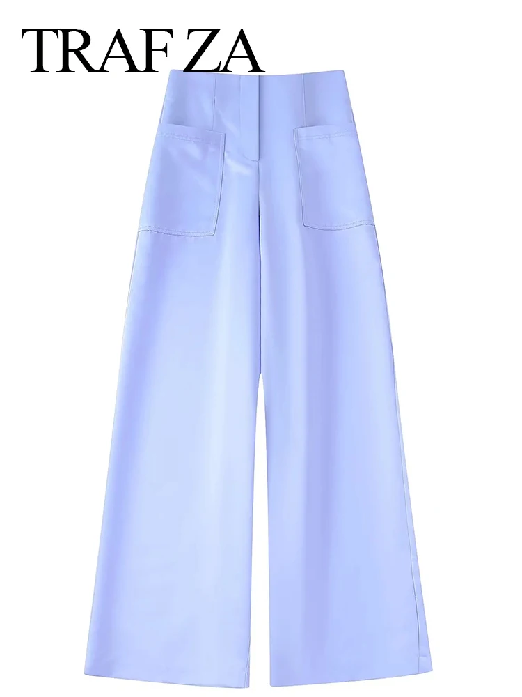 

TRAF ZA Elegant Senior Light Blue Temperament Lady Suit Trousers Commuting Office Daily Flat Comfortable Women Wide Leg Pants