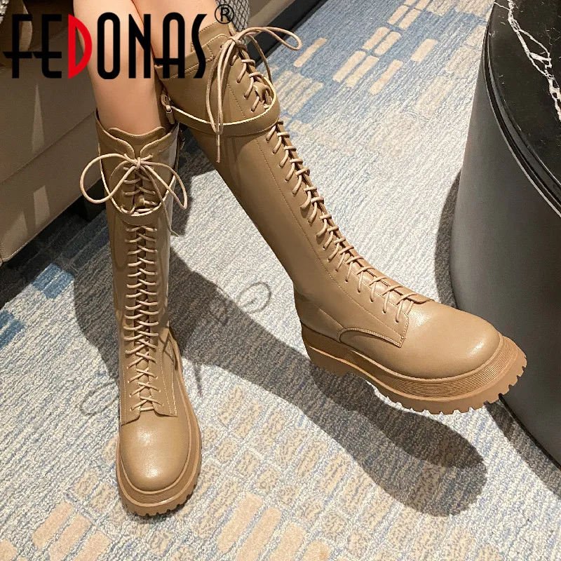 

FEDONAS Women Knee High Boots Fashion Platforms Motorcycle Boots Popular Casual Genuine Leather Shoes Woman Autumn Winter New