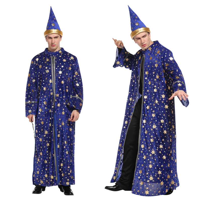 Men Mantle Blue Robe And Hat Star Moon Magic Magician Wizard Costume Cosplay Halloween Adult Role Playing Decoration Clothing