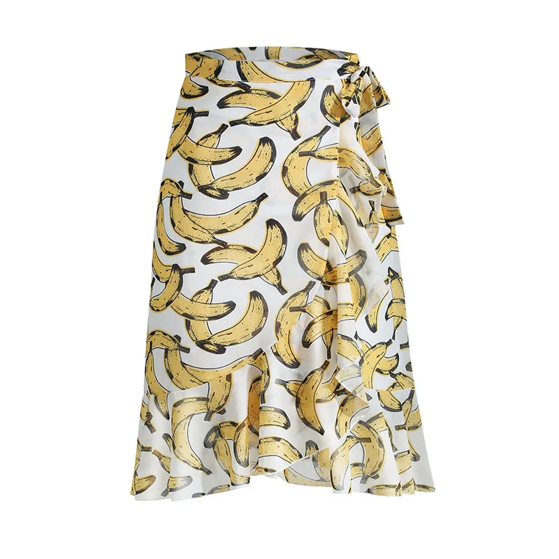 

Summer Beach Skirts Yellow Banana Printed Women Midi Length Ladies Chiffon Lace Tie Down High Waist