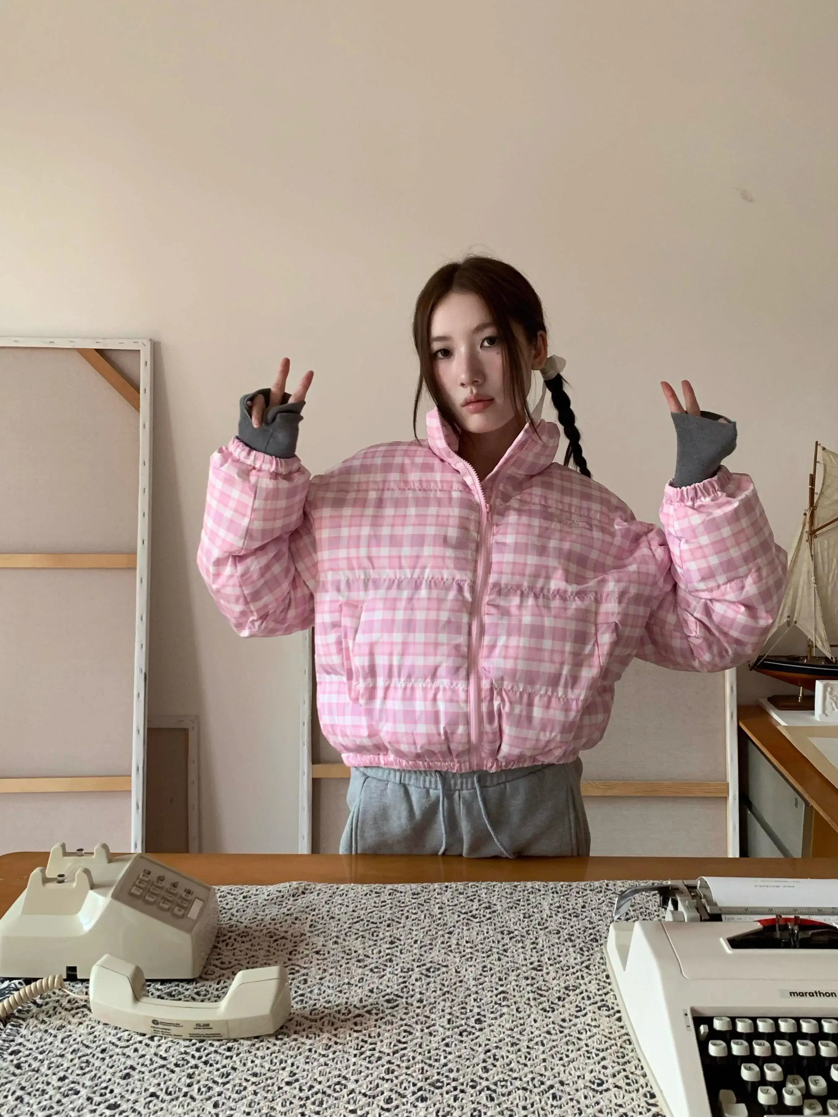 American vintage Pink Plaid Stand Collar down Jacket Cotton-padded Clothes Short Women Winter Thick Warm Coat