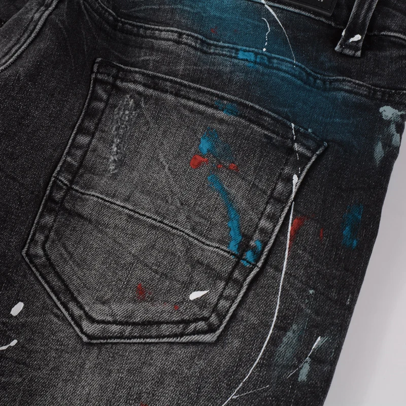 Streetwear Fashion Men Jeans Retro Black Gray Stretch Slim Fit Hole Ripped Jeans Men Painted Designer Hip Hop Brand Pants Hombre