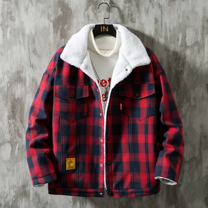 Plaid Thickened Imitation Lamb Wool Warm Jacket Korean Version Fashion Loose Plus Fat Plus Size Plus Velvet Winter Coat Men