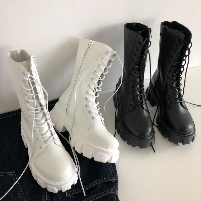 

Новинка 2023, осенне-зимние сапоги до середины икры, модные женские ботинки челси на шнуровке и молнии, женская обувь на платформе и каблуке