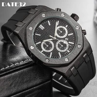 luxury men watch chronograph silicone rubber strap 3 eyes full black dial case cool sports military male quartz wristwatch clock