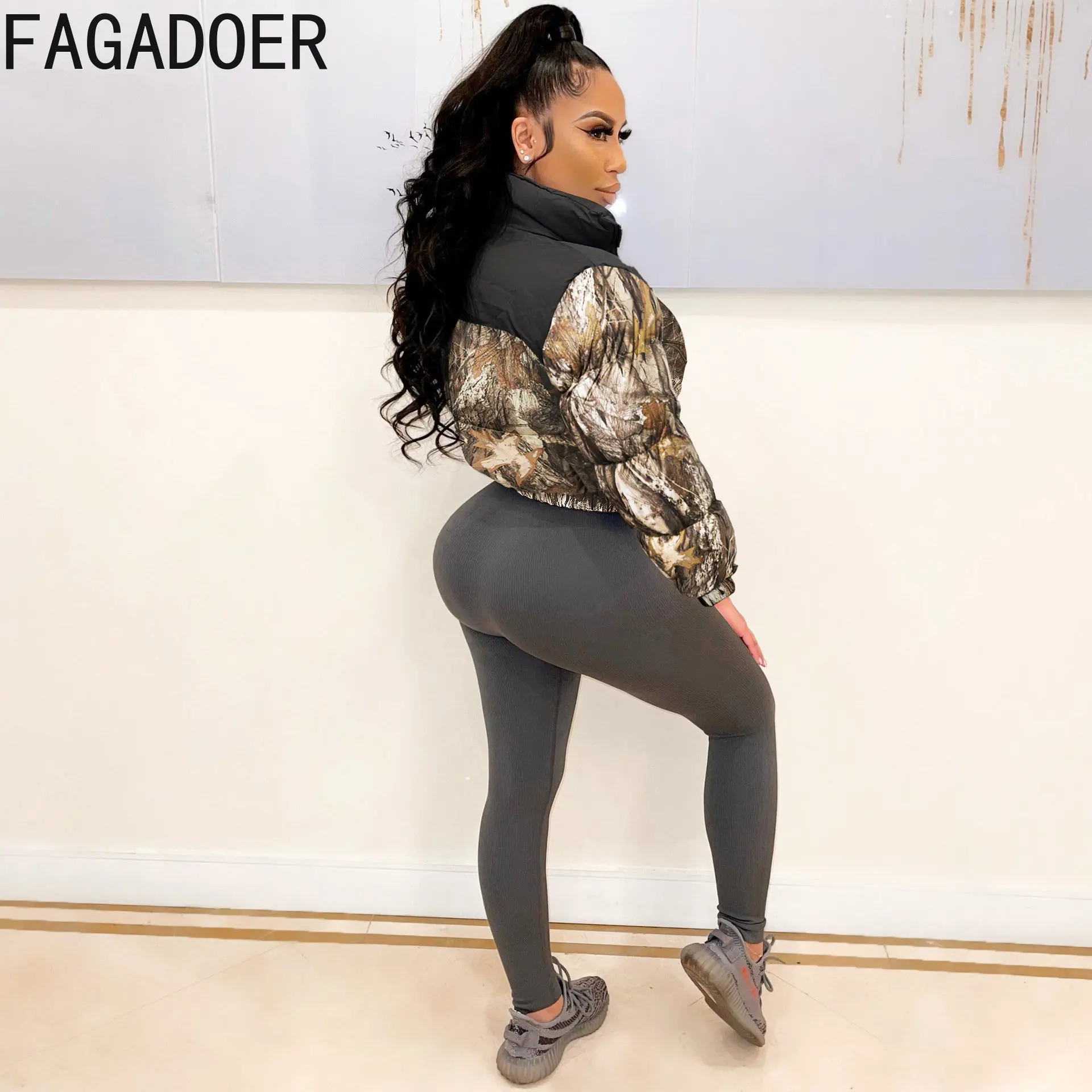 FAGADOER 2022 Winter Fashion Printed Zipper Up Cropped Bubble Coat Women Casual Outwear Female Patchwork Short Jacket Clothing