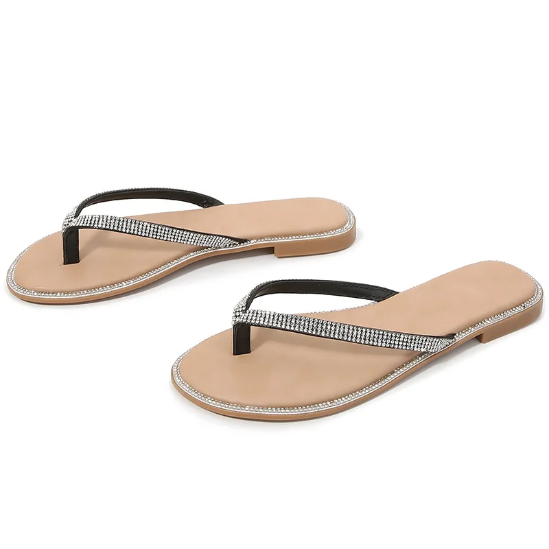 

Lady Microfiber Flat With Slippers Zoris Shoes Crystals Summer Slides Simple Flip Flops Black Silver 41 Chaussures Novelty Tacon