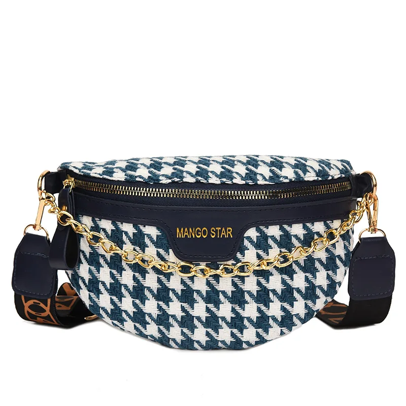 

Elegant Houndstooth Plaid Chain Waist Bags For Women Stylish Canvas Waist Packs Female Fanny Pack Wide Strap Crossbody Chest Bag